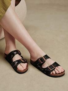 Solecia Women's Mesh Hollowed-Out Double-Button Slippers, Open-Toed Flat-Bottomed Retro Versatile And Breathable Slippers Summer - -8 mesh black - View 2