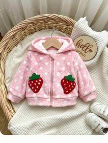SHEIN Baby Girl Cute Solid Color Polka Dot Strawberry Pattern Hooded Thick Jacket For Fall/Winter - Pink - View 6