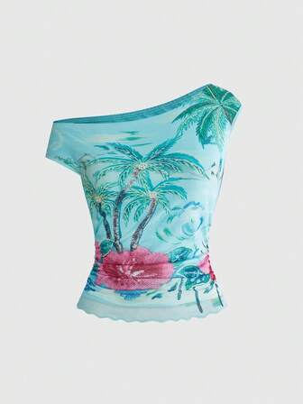 ROMWE Avant Urlaubsstil Tropischer Kokospalmen- & Blumen-Pailletten-Stickerei Slim Fit asymmetrische Schulter Basic T-Shirt