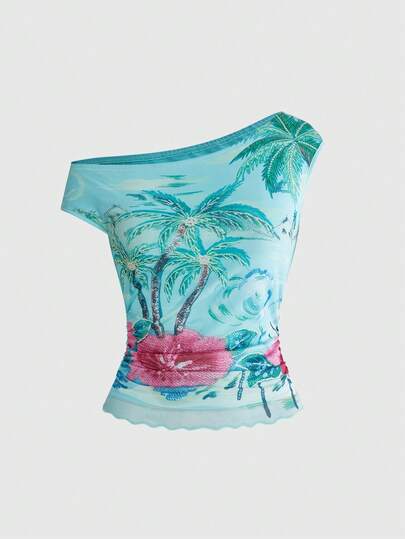 ROMWE Avant Vacation Style Tropical Coconut Tree & Floral Sequin Embroidery Slim Fit Asymmetrical Shoulder Basic T-Shirt