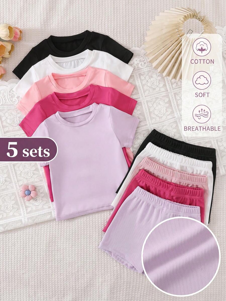 SHEIN Playful Pals 5套女嬰休閒粉色黑白色純色圓領短袖柔軟T恤與短褲套裝,日常春夏季穿搭 - 彩色 - 查看 1