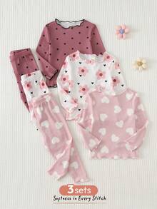 Cozy Pixies Baby Girl 6pcs Set: Plant & Floral Pattern Knit Soft Round Neck Long Sleeve Ruffle Pullover Top & Elastic Waist Long Pants - Pink - View 8