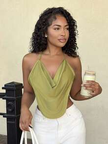 Alexandranx Solid Concert Draped Front Backless Party Halter Top Casual - Green - View 5