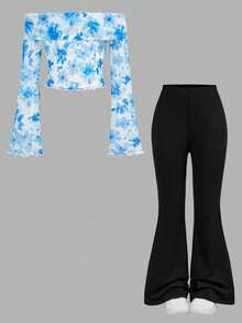 SHEIN 少女度假休闲露肩碎花上衣和纯色喇叭裤套装 - 藍色 - 查看 2
