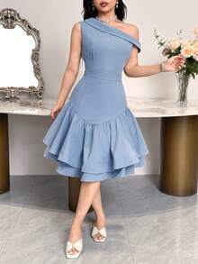 Feyla Women's Elegant Party Solid Color Asymmetric Neckline Midi Dress - Baby Pink - View 5