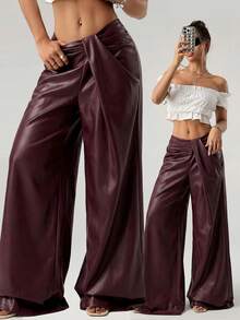 SHEIN ICON Quần ống rộng xếp ly màu trơn bằng da PU dành cho nữ, kiểu dáng thường ngày. - Màu Đỏ Sâu - Xem 1