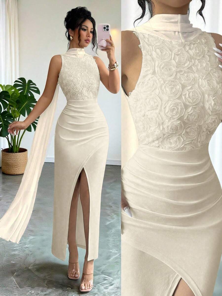 SHEIN Raffinéa فستان نسائي أنيق بدون أكمام مزين بزخارف زهرية ثلاثية الأبعاد وتصميم شريط مع حافة مشقوقة - لون مشمشي - مشاهدة 1