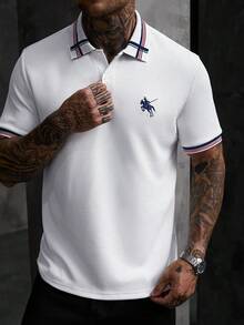 EGENSIO Men's Knitted Jacquard Textured Horse Embroidered Collar & Cuff Ribbed 2-Button Polo Shirt, Formal - White - View 8
