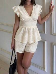 Lucivie Women's Elegant White Summer Tea Party Short Set,Lace Texture V Neck Flutter Sleeve Peplum Top And Shorts,Casual Vacation Ready Beach Resort Outfits - Apricot - View 4
