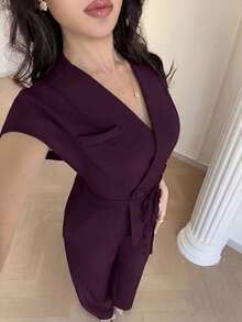 Feyla New Korean Style Cap Sleeve Slimming Cinched Waist Elegant Commuter Office Versatile Daily Set Dark Purple Summer - Red Violet - View 4