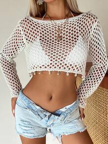 Livesso Women's Solid Color Hollow Knit Cropped Cover Up Vacation Summer Beach Pool Party White Tropical Boho - Beige - View 3