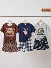 SHEIN 男士休闲捉迷藏小熊印花短袖上衣和条纹短裤两件套睡衣 - 咖啡棕 - 查看 1