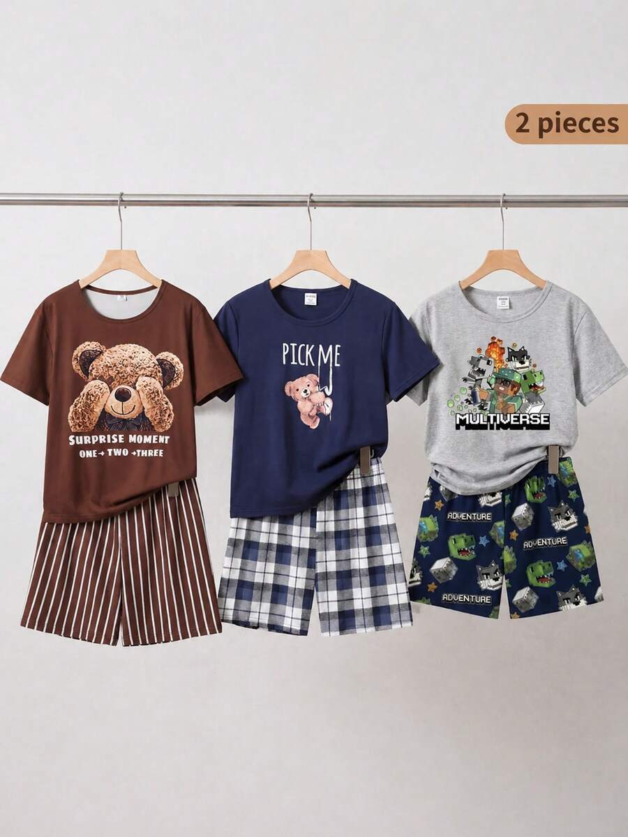 SHEIN 男士休闲捉迷藏小熊印花短袖上衣和条纹短裤两件套睡衣 - 咖啡棕 - 查看 1