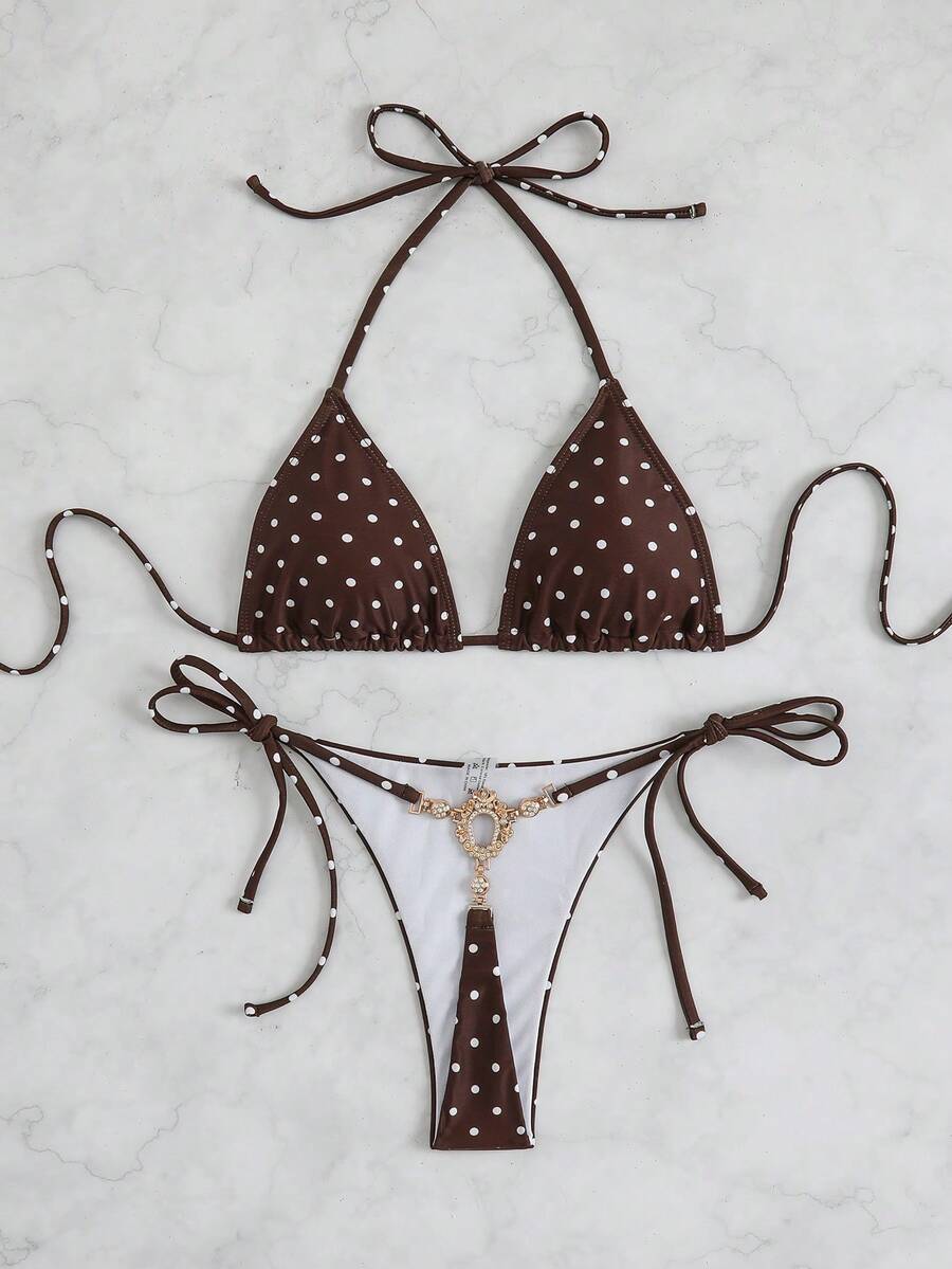 Swim SXY 女款夏季海灘波點印花掛脖繫帶性感時尚比基尼兩件式泳衣套裝 - 彩色 - 查看 1