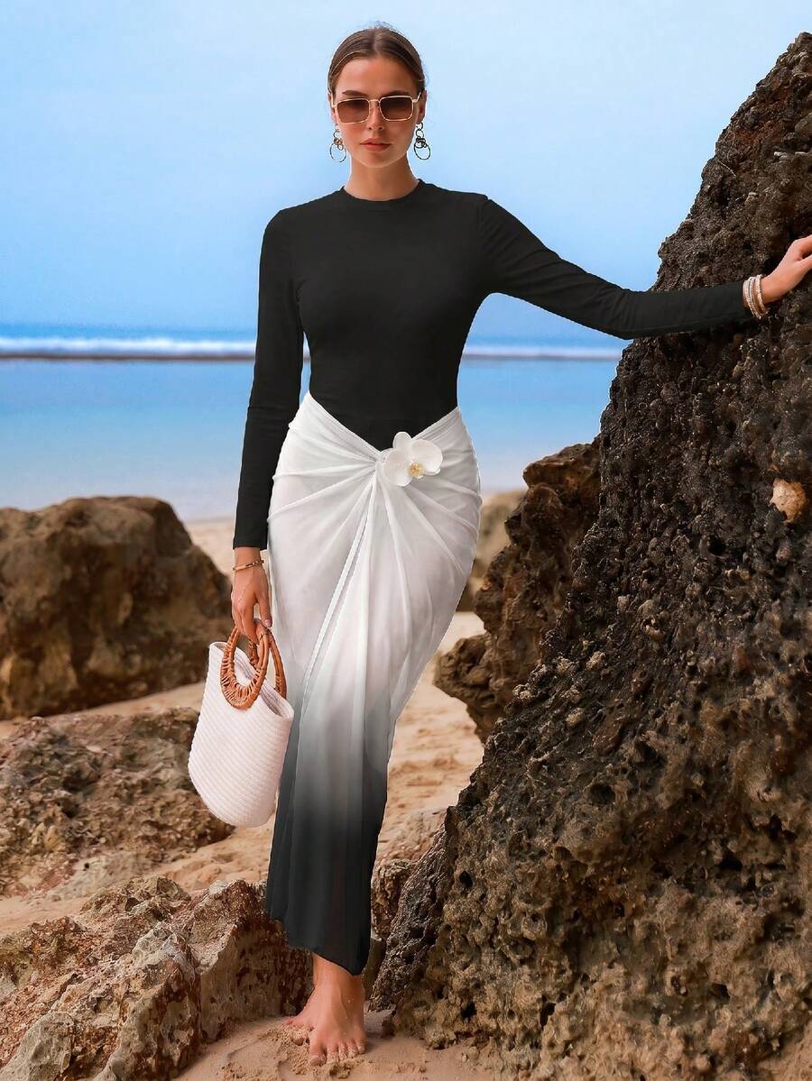 Swim Shayni Summer High-End Elegant Solid Color Gradient Beach Dress Design Hot-Selling Burkini Swimsuit - Black - View 1