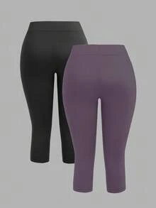 SHEIN EZwear 女款 2 件組黑色紫色七分緊身休閒內搭褲，適合夏季健身房穿著 - 彩色 - 查看 2