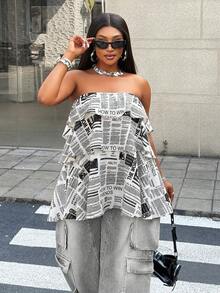 Maweii Plus Size Hot Girl Street Style Multi-Layer Patchwork Ruffle Bandeau Top - Black and White - View 4