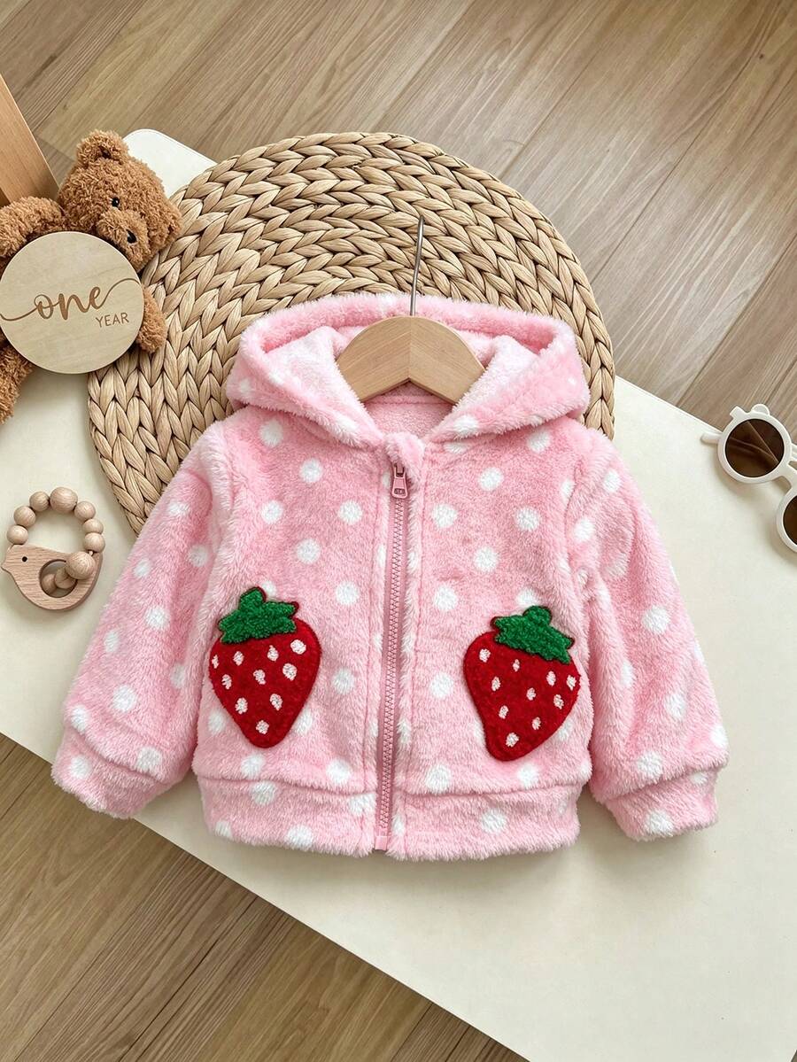 SHEIN Baby Girl Cute Solid Color Polka Dot Strawberry Pattern Hooded Thick Jacket For Fall/Winter - Pink - View 1