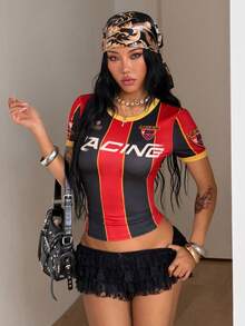 Coolane Women's Summer Streetwear Going Out Vintage Number Pattern Striped Graphics Stretchy Comfortable Football Jersey T-Shirt - Multicolor - View 6
