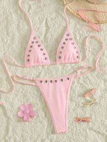 Swim SXY Springbreak 女款夏季鉚釘性感派對音樂節休閒極簡度假海灘鏤空繫帶掛脖比基尼泳衣套裝 2件組，適合度假海灘出遊 - 粉色 - 查看 4