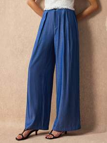 SHEIN Uhlyne Women's Solid Color Fashion Versatile Pocket Button Casual Elegant Long Pants Office Blue Autumn - Blue - View 1