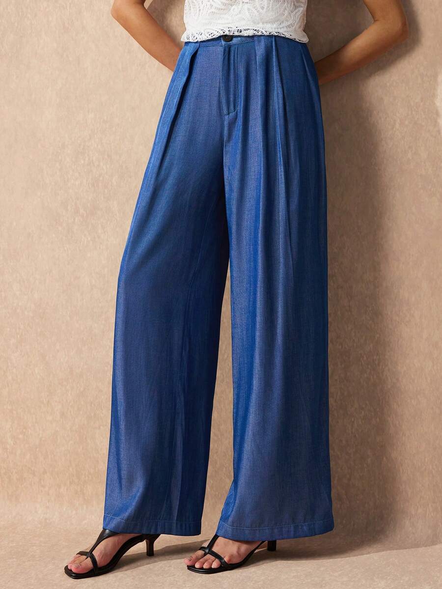 SHEIN Uhlyne Women's Solid Color Fashion Versatile Pocket Button Casual Elegant Long Pants Office Blue Autumn - Blue - View 1