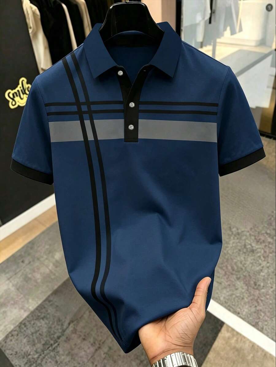Calvornis 男士夏季條紋短袖休閒通勤 Polo 正裝襯衫,儀式適用 - 藏蓝色 - 查看 1