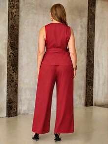 Franclia Plus Size Women Elegant Solid Color Lace-Up Tank Top Loose Pants 2-Piece Set Formal Red Summer - Red - View 2