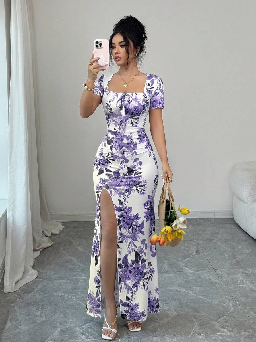 Rafferiza 女士夏季短袖连衣裙,数码印花度假连衣裙,沙滩度假连衣裙,开衩下摆,腰部褶皱长裙 - 淡紫色 - 查看 1