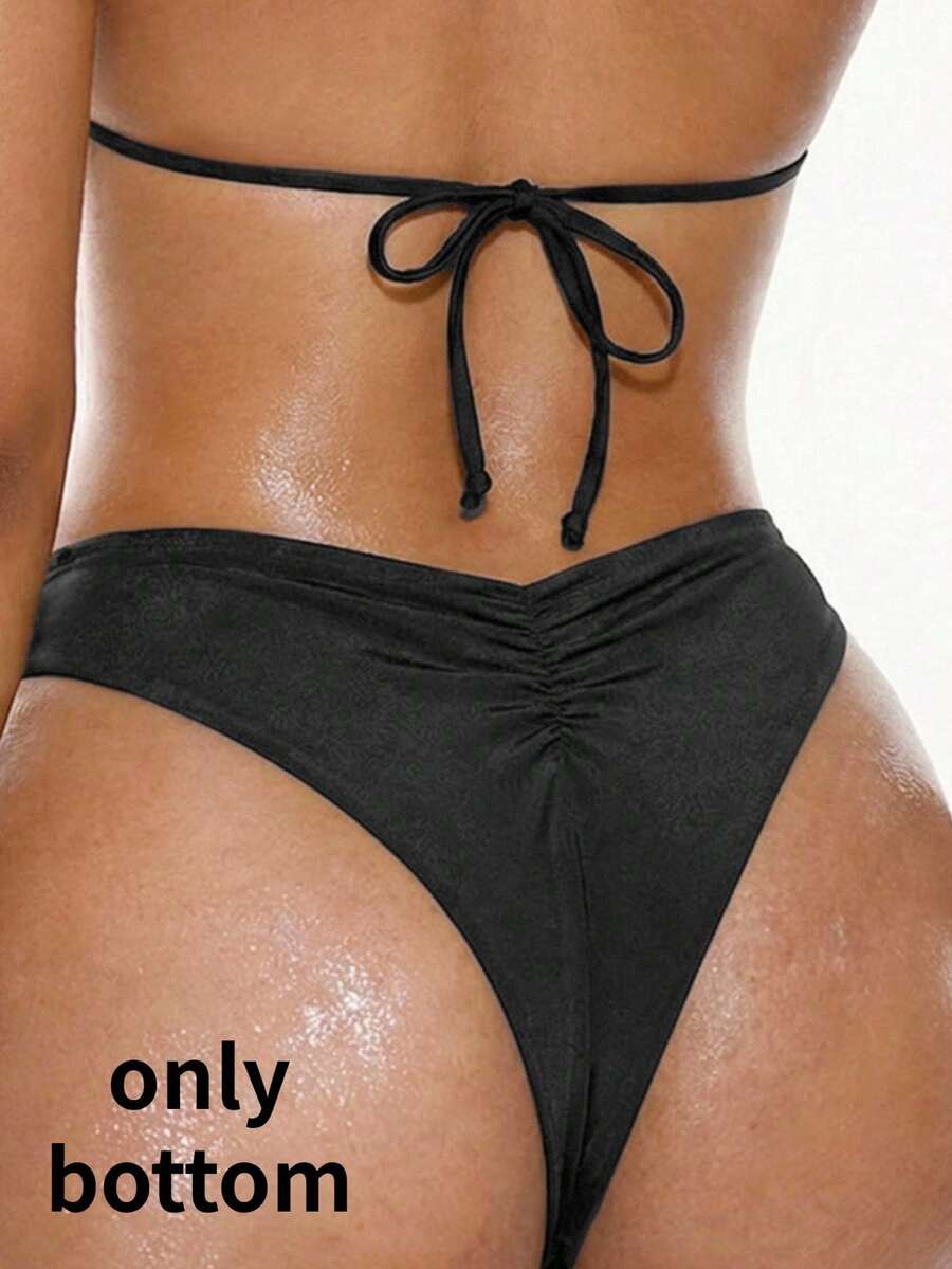 Swim Basics 女款抓皺性感比基尼泳褲,基本顯瘦海灘度假穿搭 - 黑色 - 查看 1
