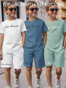 SHEIN 3 件儿童/青少年男童休闲运动百搭印花图案圆领宽松短袖针织 T 恤多件装，3 种款式，适合学校、花园、海滩、生日、春季、夏季、秋季、冬季 - 藍色 - 查看 1