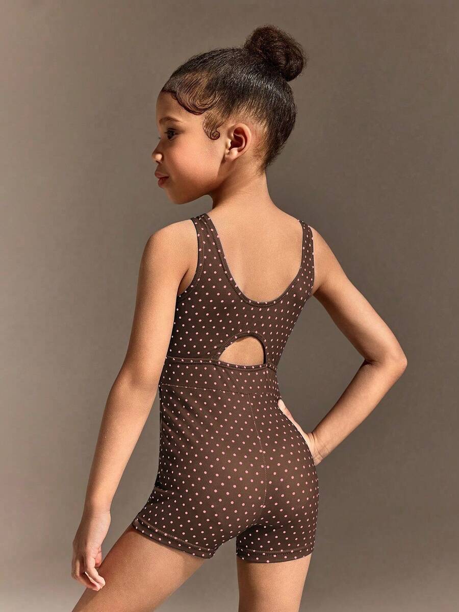SHEIN 女童藍色白色波點印花無袖連身褲,高彈力面料,時尚露背設計,適合體操、瑜伽練習、居家健身及日常穿著,活動自如 - 棕色 - 查看 1