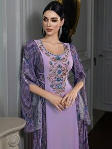 Layrah Vintage Print Colorblock Side Cinched Waist Handmade Rhinestone Embellished Arabian Dress - Purple - View 1