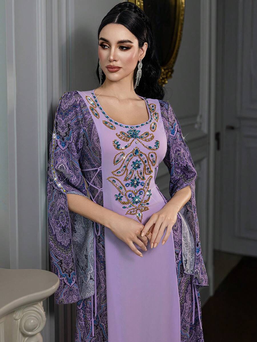 Layrah Vintage Print Colorblock Side Cinched Waist Handmade Rhinestone Embellished Arabian Dress - Purple - View 1