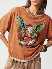 Bohemela Casual Solid Color Knit Round Neck Short Sleeve Loose Washed Women's T-Shirt - Orange - View 2