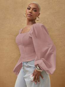 Vixey Blusa de tejido sólido con hombros abullonados y volumen - Rosa vieja - Ver 2