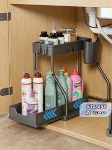 Estante de almacenamiento debajo del fregadero de material plástico de doble capa con cajones deslizantes - Solución de almacenamiento multifuncional para la cocina y el baño: Estante de almacenamiento debajo del fregadero y gabinete de almacenamiento en negro - Multicolor - Ver 1