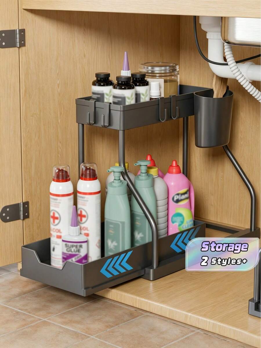 Estante de almacenamiento debajo del fregadero de material plástico de doble capa con cajones deslizantes - Solución de almacenamiento multifuncional para la cocina y el baño: Estante de almacenamiento debajo del fregadero y gabinete de almacenamiento en negro - Multicolor - Ver 1