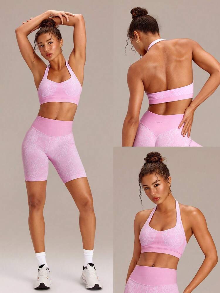 Ultrafine Soft Seamless Halo Ribbed Support Open Back Thick Straps Halter Sports Bra With Removable Cups Workout Gym