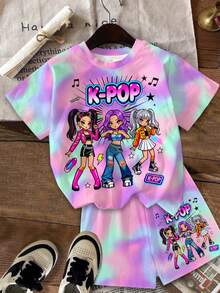 青少年女孩卡通女團K-Pop巨星短袖T恤與短褲2件組，適合夏季，可愛圖案，紮染 - 彩色 - 查看 2
