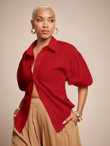 Vixey Solid Self Tie Back Collared Button Up Long Sleeve Top - Red - View 4