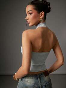 Hauture Women's Solid Color Halter Neck Slim Fit Versatile Daily Outing Top - Grey - View 3
