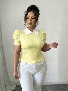 Elenzga 夏季珍珠裝飾 3D 泡泡袖法式復古風短版修身大尺碼 T-shirt - 黃色 - 查看 5