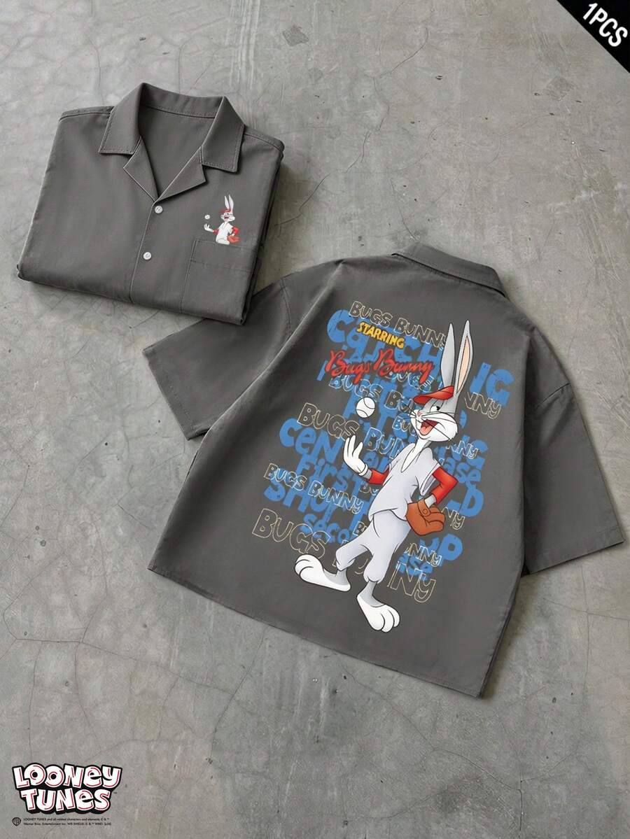 LOONEY TUNES X SHEIN PAVTROS Dark Grey Summer Men's Short Sleeve Collaboration Shirt,Cute World Cup Pattern Unisex Design,Streetwear City Break Casual Outdoor Theme Party Gift - Brown - View 1