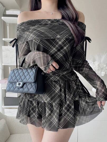 FRIFUL Conjunto de 2 piezas para mujer de verano con estampado a cuadros, malla, plisado, cordón, lazo, volantes, manga larga, cintura definida, efecto adelgazante y versátil