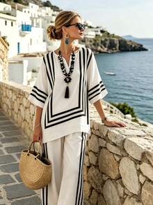 SHEIN Holidaya 2026 Summer NewLinen Black And White Checkered Blouse, Loose V-Neck Mid-Sleeve Asymmetrical Hem Vacation Style Linen Shirt For Women Sexy Tropical - Apricot - View 5