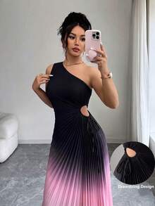 Modelyn 女款黃色無袖不對稱肩褶皺漸層長洋裝 - 黑色 - 查看 5