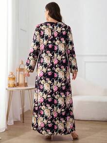 Al Najma 大尺碼女款優雅花卉印花寬鬆阿拉伯風洋裝 - 黑色 - 查看 2
