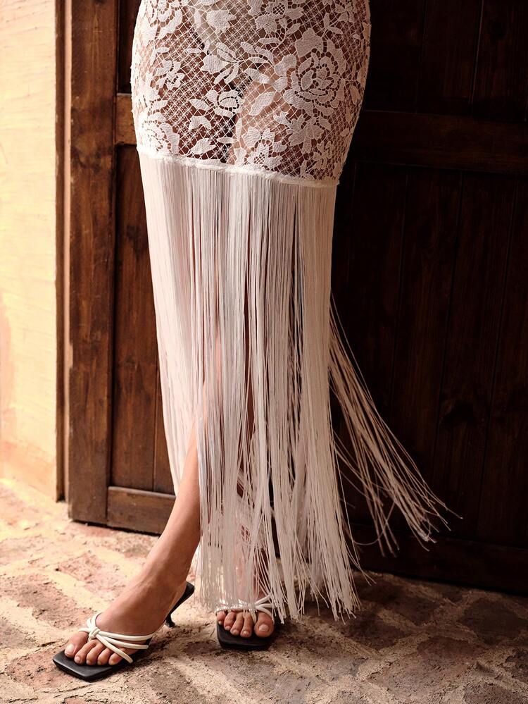 EXQUISITE ELEGANT WATER-SOLUBLE LACE PATCHWORK TASSEL BACKLESS SEMI-SHEER CASUAL VACATION WOMEN'S BEACH PARTY COVER UP DRESS