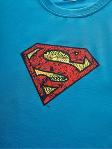 SUPERMAN X SHEIN TOKVUE 男士休閒時尚街頭日常通勤 Logo 印花落肩寬鬆短袖 T 恤，夏季度假款 - 藍色 - 查看 5